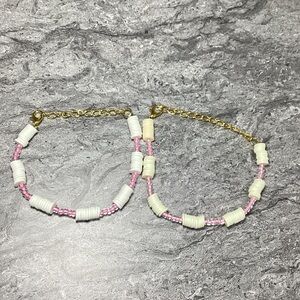 Handmade Pink and White Beaded Bracelet Set - Gold Chain